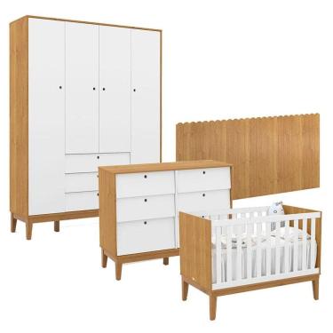 Imagem de Quarto de Bebê Unique 4 Portas com Cômoda 6 Gavetas e Painel Farm Freijó Branco Soft Eco Wood - Matic