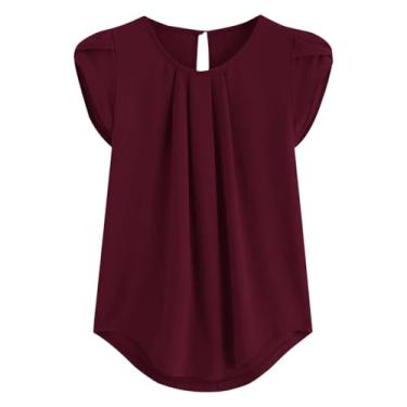 Imagem de Generic Camisetas femininas de manga curta pétala verão outono gola redonda chiffon recorte franzido camiseta feminina 2024, K-590 vinho vinho, P