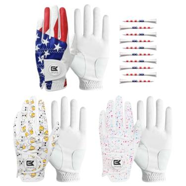 Imagem de Luvas de golfe masculinas para golfista destro, mão esquerda, pacote com 3 com marcador de bola e 10 camisetas com bandeira dos EUA, 9,5 cm, luvas de golfe masculinas de couro (bandeira dos EUA +