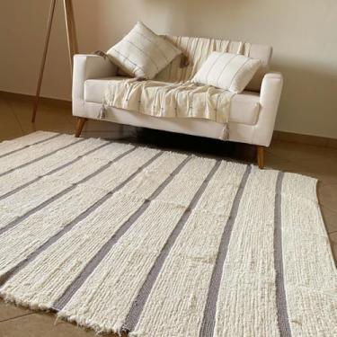 Imagem de Tapete Sala Quarto Boho Artesanal Algodão Cru Minimalista Lines Dupla Face Rustico Macio Tear Manual (Caramelo, 1,50 x 2,00)