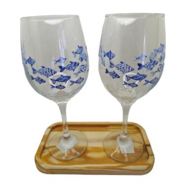Imagem de META ATACADO, Kit 2 Taças Bandeja Peixes Cristal Personalizada Vinho 490ml