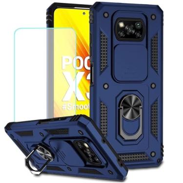 Imagem de Vokuha Capa para Poco X3 NFC/Poco X3 Pro/Poco X3, Capa M2007J20CG com protetor de tela de vidro temperado e capa de câmera deslizante, capa magnética com suporte de anel giratório de 360° para Xiaomi