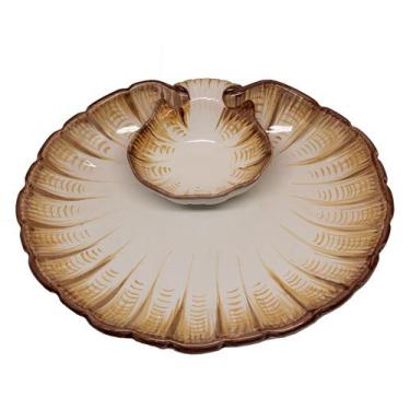 Imagem de Petisqueira Dupla Cerâmica Concha Relevo Marrom 35x6,5cm - Luiz Salvad