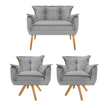 Imagem de Kit Namoradeira e 02 Poltronas Opala Base Giratória de Madeira Suede C