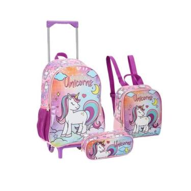 Imagem de Kit Mochila Rodinha Sereia Unicórnio Escolar Meninas 3 Itens - Seanite