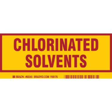 Imagem de Brady 60245, etiqueta do recipiente, 7,6 cm de altura x 18 cm de largura, vermelho em amarelo, legenda "solventes clorados" (25 por embalagem)