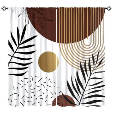 Imagem de Cortinas abstratas marrons de meados do século, retrô boho folhas tropicais, tratamentos de janela, arco geométrico, botânico, minimalizado, cortinas de janela modernas para sala de estar, quarto,