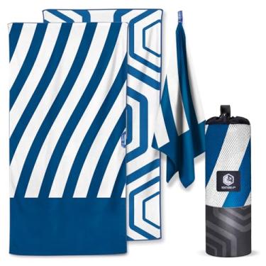Imagem de VENTURE 4TH Toalha de praia de microfibra: secagem rápida, compacta, sem areia, absorvente, à prova de areia e leve - perfeita para acampamento, praia e viagens (design de listras azuis escuras | 89 x