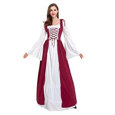 Imagem de Fantasia de donzela medieval feminina renascentista camponesa vestido chemise manga flare (802# vinho tinto, M)