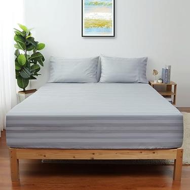 Imagem de Lençol com elástico listrado California King Size, 600 fios 100% algodão listrado cetim lençol de baixo apenas, lençol de colchão de algodão premium com bolso profundo de 38 cm