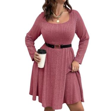 Imagem de Vestido feminino plus size casual gola quadrada manga lanterna longa gravata cintura pulôver pulôver solto, Cinto Pinkwhn0, 3G