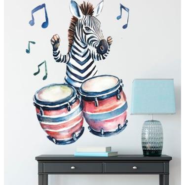 Imagem de Adesivos de parede adoráveis de zebra para tambor, decoração de animais fofos, música, vinil, impermeável, removível, papel de parede para berçário, crianças, quarto de bebê, banheiro, sala de aula