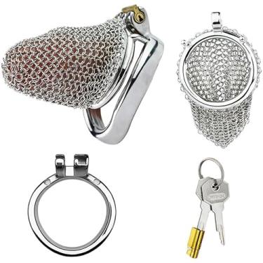 Imagem de Gaiola para pênis de aço inoxidável, cinto de castidade de malha respirável para homens, incluindo 4 tamanhos de anel para escolher entre brinquedo sexual de metal(Bow Ring 45mm)