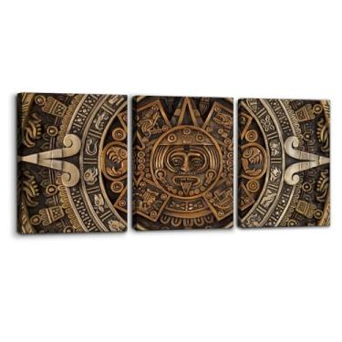 Imagem de Pacimo Impressão em tela emoldurada conjunto de arte de parede antigo calendário asteca ilustrações da natureza pôster giclée galeria calendário maia embrulhado arte moderna para sala de estar,