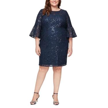 Imagem de Alex Evenings Vestido feminino plus size curto com detalhe de ilusão enfeitado, Renda com fio azul-marinho, 48