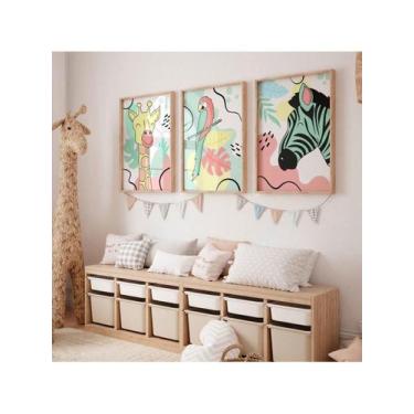 Imagem de Conjunto 3 Quadros Infantil Girafa Arara Zebra Folhas Decoração Ideal 