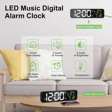 Imagem de Despertador digital, despertador matinal LED relógio de parede grande espelho digital, com data e temperatura, relógio usb, Preto