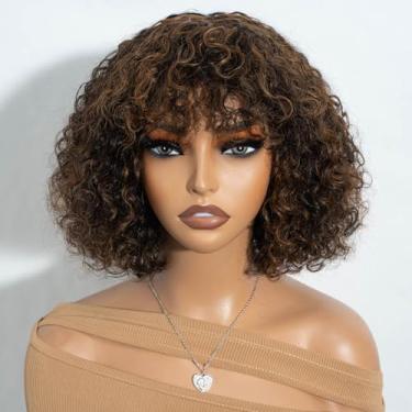 Imagem de JOEDIR HAIR Peruca Curta Cacheada Com Franja, Cabelo Humano Para Mulheres, 10 Polegadas, Preto, Misto, Marrom, Curto, Ondulado, Cacheado, Sem Cola, Densidade 150% (P1B/30#)