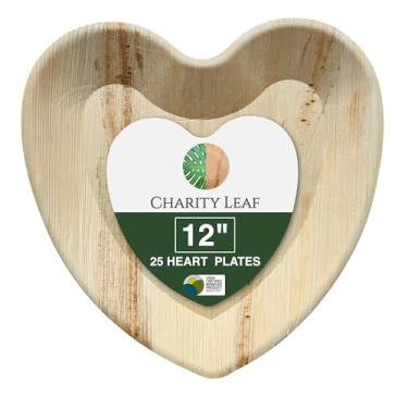 Imagem de Charity Leaf Pratos descartáveis de coração de folha de palmeira de 30 cm (25 peças) Travessas de servir como bambu, tábuas descartáveis, louça ecológica para dia dos namorados, casamentos, catering,