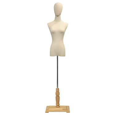 Imagem de CUTPOIY Corpo de manequim feminino bege, forma de vestido de exibição de costura/roupas, suporte de base de madeira maciça, braços removíveis, estilo europeu vintage (tamanho: com braços + cabeça