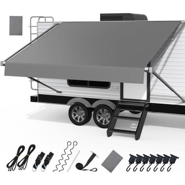 Imagem de Fonzier Substituição De Tecido Para Toldo Rv, Material Reforçado 19 Oz Com Kits Amarração E 7 Ganchos, Cobertura Vinil Área Externa Trailer Motorhome - 16' (Tecido 15'2"), Cinza