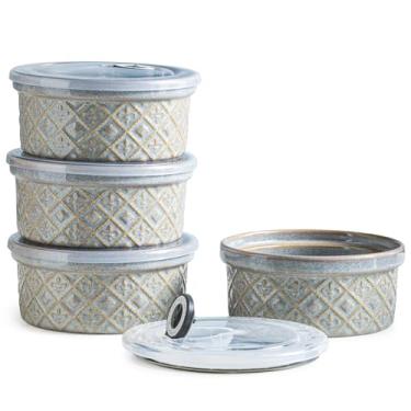 Imagem de Ramequins de 473 ml com tampas, seguro para forno, ramequins de cerâmica para creme brulee, pudim em relevo, ramekin para assar suflê, tigelas de porcelana conjunto com 4, cinza