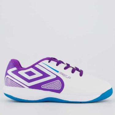 Imagem de Chuteira Umbro Pro 5 Futsal Juvenil Branca e Roxa