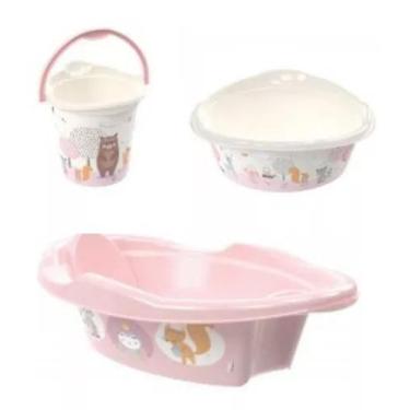 Imagem de Kit Banho Do Bebe Balde, bacia E Banheira Bichinhos Rosa Petit Plasuti
