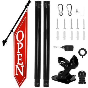 Imagem de Kit de bandeira aberta com mastro - Banner aberto de lona resistente para loja comercial, placa dupla face externa de 106 x 30 cm com suporte - Sinalização publicitária para varejo e lojas (vermelho)