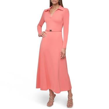 Imagem de DKNY Vestido longo feminino de manga comprida com gola e fivela franzida e cinto, Crush coral, 46