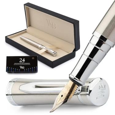 Imagem de Wordsworth & Black Conjunto de canetas-tinteiro, ponta dobrada, inclui 24 cartuchos de tinta, conversor de refil de tinta e caixa de presente, acabamento cromado, caligrafia, [prateado cromado], perfeito para homens e mulheres