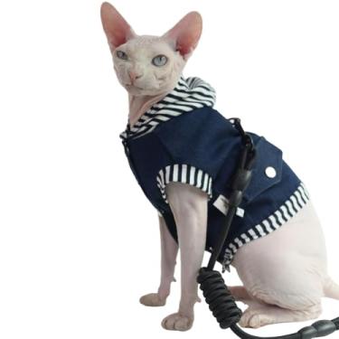 Imagem de Colete cardigã de algodão jeans com capuz para pequenos gatinhos e gatos - Roupas macias ajustáveis para animais de estimação, jaqueta estilosa para filhotes de cachorro com fixação de coleira (apenas