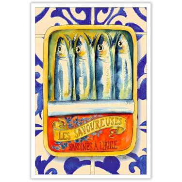 Imagem de Arte de parede em tela de sardinhas engraçadas vintage pôster de lata de sardinha retrô comida peixe vida marinha estética impressão em aquarela pintura para casa cozinha jantar decoração de parede 40