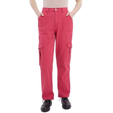 Imagem de Calça jeans cargo feminina com cintura elástica e perna reta ajuste relaxado utilitário casual jeans calça cargo ao ar livre, Vinho, 10