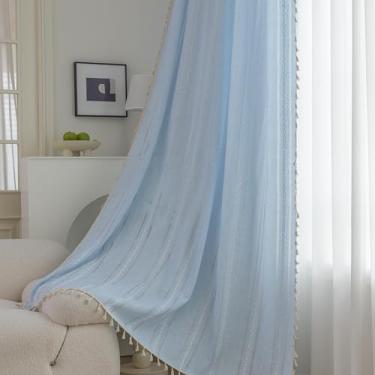 Imagem de Erbnaryx Cortinas Boho bordadas para sala de estar quarto 1 painel L 159 x C 84 bolso azul cinza, listrado fazenda chique texturizado, borlas vintage feito à mão decoração country drapeado.