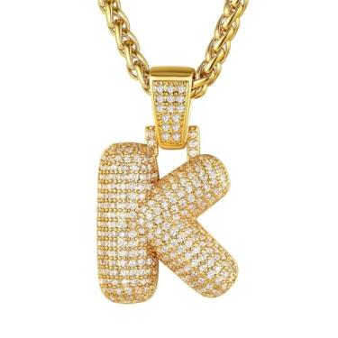 Imagem de GOLDCHIC JEWELRY Pingente de bolha gelada personalizado para homens, colar de letra inicial CZ banhado a ouro com corrente de tênis, pingente de alfabeto CZ masculino e feminino, joia hip hop de A a