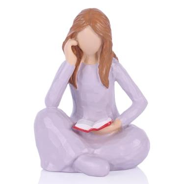 Imagem de Estátua de mulher pensadora de leitura – Presente para amantes de livros para mulheres para graduados, leitores, professores, decoração de prateleira de livros, estatuetas de mesa abstratas para mesa