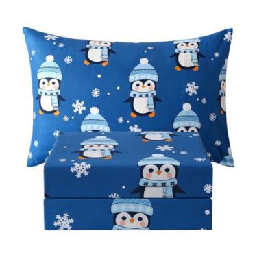 Imagem de JSD Jogo de lençol solteiro com flocos de neve pinguim, 3 peças, estampa azul, microfibra com bolso profundo