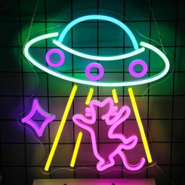 Imagem de CKTBLEY UFO Cat Neon Sinal Divertido Alienígena Luz Néon Placa LED Adorável Gato Rosa Luzes de Parede para Quarto Sala de Jogos Homem Caverna Bar Decoração de Festa Presentes para Crianças Arte de