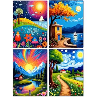 Imagem de Huacan Kits de pintura por números para adultos, iniciantes, 4 peças sem moldura, faça você mesmo, desenho de paisagem em tela, céu estrelado, kit de pintura acrílica feito à mão com 8 pincéis de 30 x