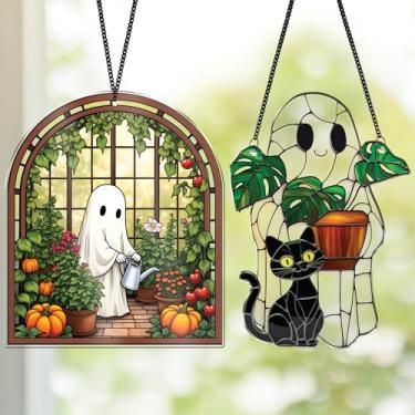Imagem de 2 Boo Decorações de Apanhador de Sol de Halloween, Suspensão de Janela de Planta Fantasma Bonita Assustadora, Fantasma de Acrílico com Gato Preto, Estufa, Abóbora, Ornamentos de Casa e Jardim