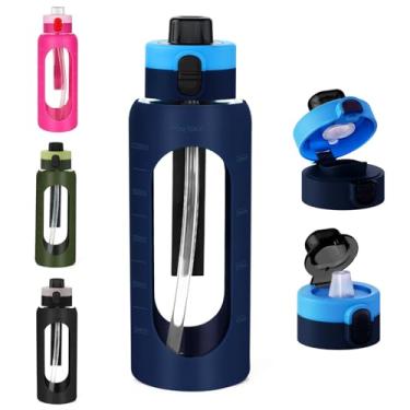 Imagem de ANOTION Garrafa de água de vidro de 1,134 g, garrafa de água esportiva grande com tampa de bebida dupla, garrafas de vidro transparentes à prova de vazamentos com canudo, jarro motivacional com manga