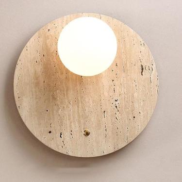 Imagem de H11,8 pol/h15 in retro candeeiro de parede de Travertino amarelo natural estilo japonês WABI-sabi luzes de parede de vento corredor de entrada parede traseira quarto sala de estar iluminado, A