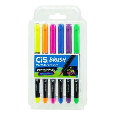 Imagem de Caneta pincel Brush Aquarelável c/ 6 cores neon Cis