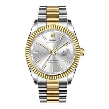 Imagem de Weayege Relógio masculino de quartzo, analógico com janela de data, relógio de aço inoxidável à prova d'água, presente masculino, prata-prata e ouro