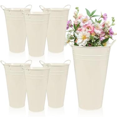 Imagem de Vasos de metal para flores – 6 peças de balde de flores alto branco para casa de fazenda com alças baldes rústicos de estanho francês para centros de mesa, decoração de mesa de pátio de casamento