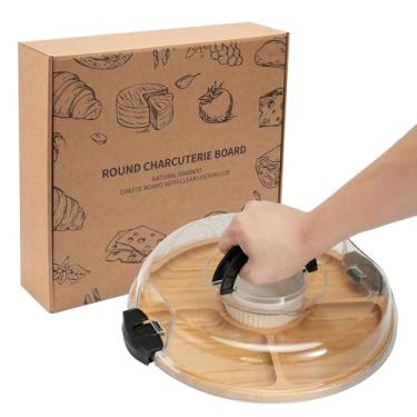 Imagem de WILLKOMMEN Tábua de charcutaria com tampa - Bandeja de servir redonda com 5 compartimentos com alça e tampa de bloqueio, travessa de bambu portátil, pratos de servir para festa, piquenique, queijo