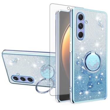 Imagem de Asuwish Capa de telefone para Samsung Galaxy A55 5G com protetor de tela de vidro temperado suporte de anel com glitter transparente híbrido à prova de choque TPU capa protetora A 55 55A A555G