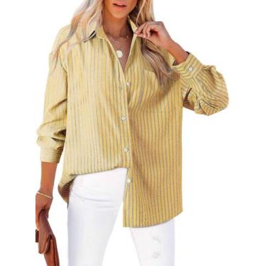 Imagem de Blusa feminina Astylish com decote em V, listrada, amarela