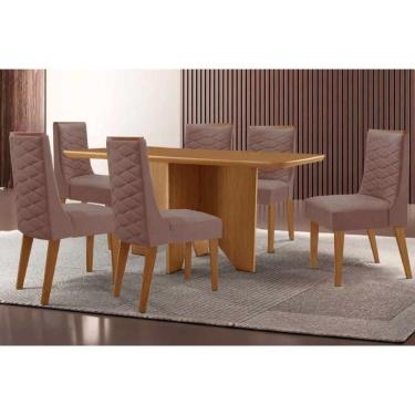 Imagem de Conjunto Sala de Jantar Nevada c/ Tampo Madeirado Canto Curvo 180x90cm e 6 Cadeiras Dafne Madeira Maciça Naturale - Capuccino/Corano Capuccino-Rufato